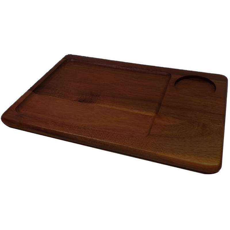 On The Table - 12" x 8" Dark Brown Acacia Wood Medium Plate With Ramekin Hole - 128DK
