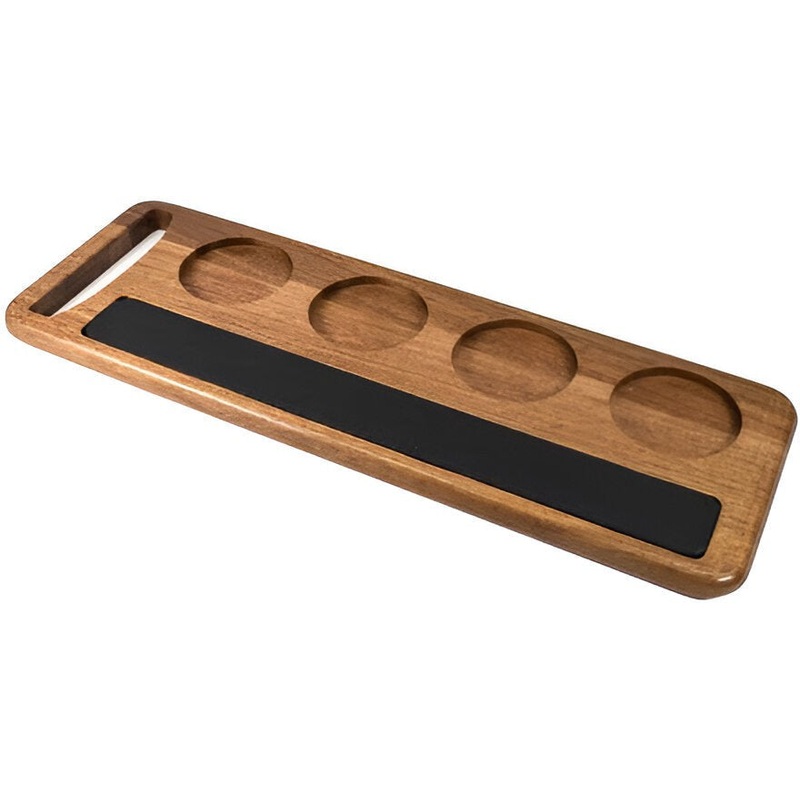 On The Table - 16" x 5.5" Brown Acacia Wood Wine/Beer Flight With Chalk Board - 131