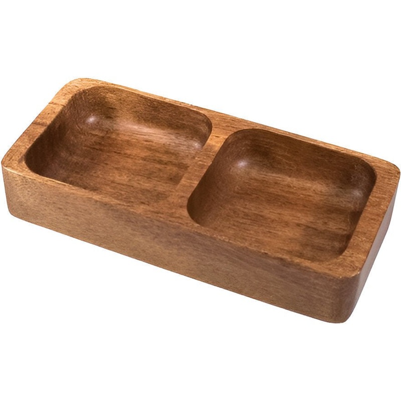 On The Table - 7 1/8" x 3 1/4" Brown Acacia Wood Double Bowl For Bar Snacks - 1005