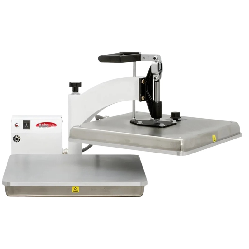 BakeMax - 15 x 15, 220V Stainless Steel White Countertop Powder Coated Swing Away Manual Dual Heat Tortilla Press - BMTXM15