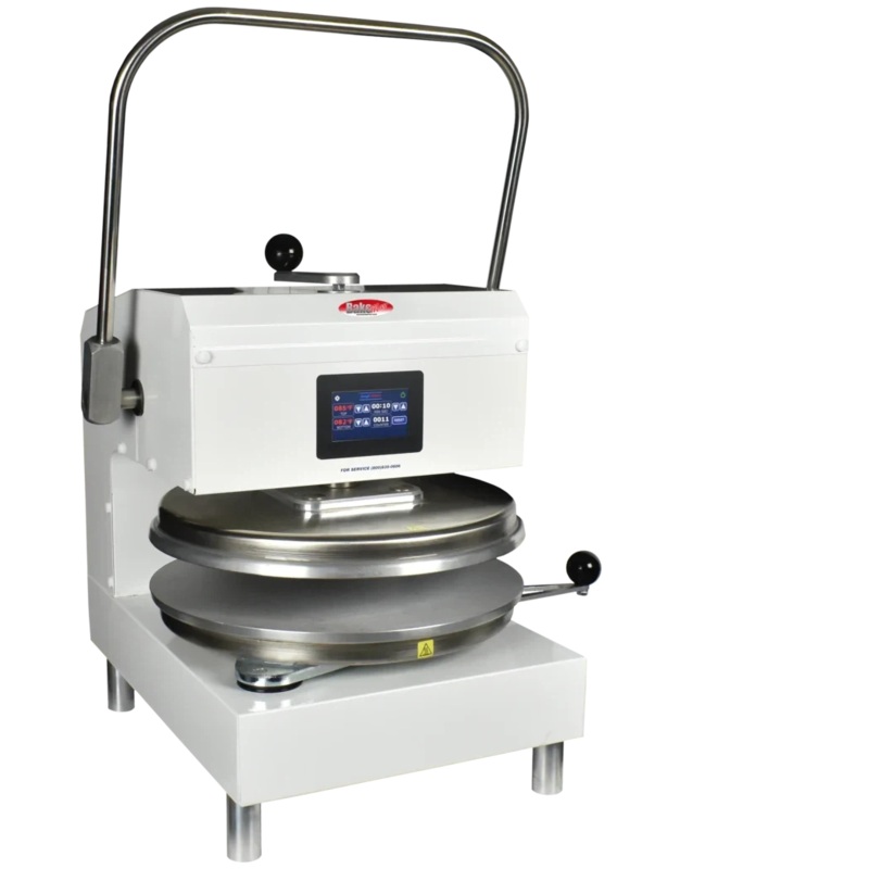 Bakemax - 220V Stainless Steel White Commercial Countertop Manual Swing Away Dual Heat Dough Press - BMTXM218W