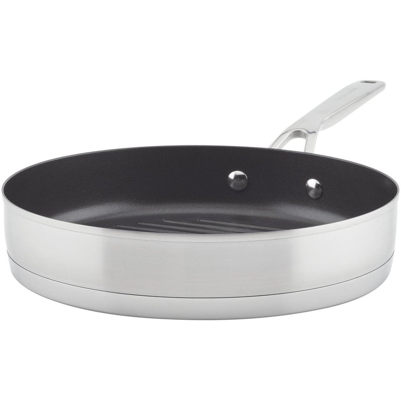 KitchenAid - 10.25"/26 cm 3-Ply Base Brushed Stainless Steel Nonstick Grill Pan 26cm - 71012-TF05