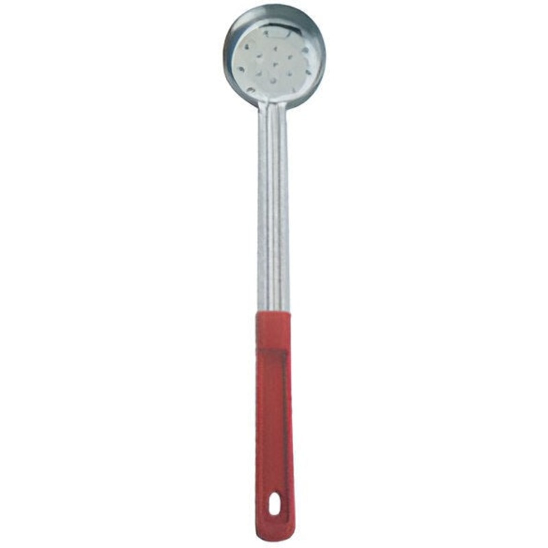 Omcan - 2 Oz One-Piece Stainless Steel Perforated Portion Control Spoon with Red Handle, Pack of 50 - 80782