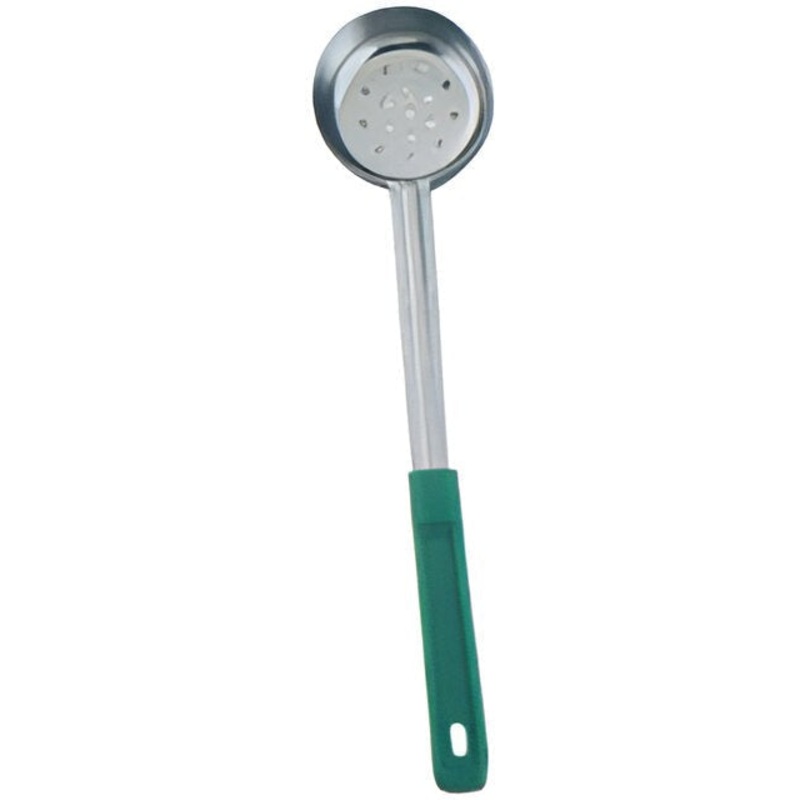 Omcan - 4 Oz One-Piece Stainless Steel Perforated Portion Control Spoon with Green Handle, Pack of 40 - 80784