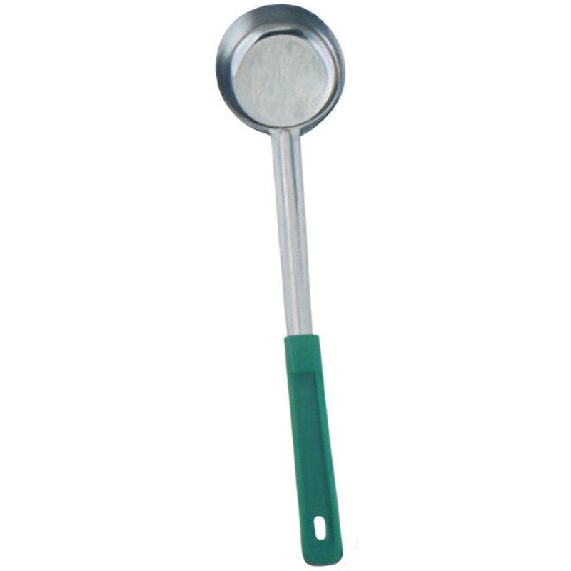 Omcan - 4 Oz One-Piece Stainless Steel Solid Portion Control Spoon with Green Handle, Pack of 40 - 80779