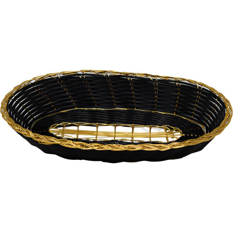 Omcan - 9" x 4.25" x 2" Long Oval Woven Basket Black With Golden Trim, Pack of 40 - 47193