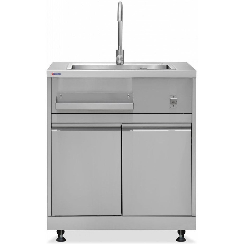 Omcan - 32 Stainless Steel Hand Sink Cabinet Stand with Faucet, Water Pipe, 2-Door Storage & Tray - 47961