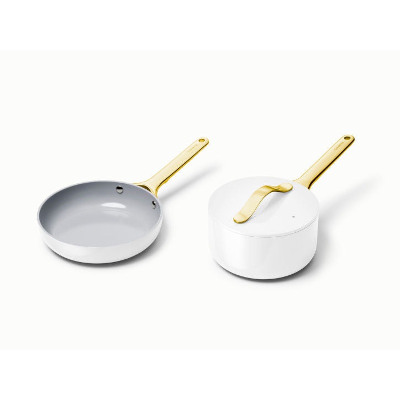 Caraway Mini Duo Cookware Set in White with Gold Handles