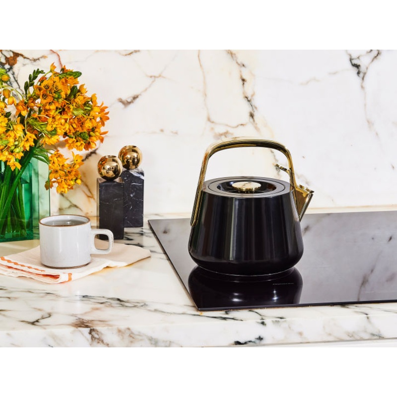 Caraway Whistling Tea Kettle in Black with Gold Accents