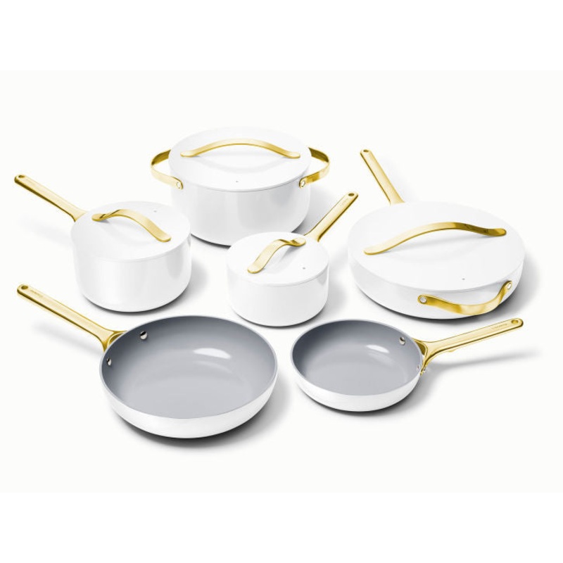 Caraway Deluxe Cookware Set in White with Gold Handles