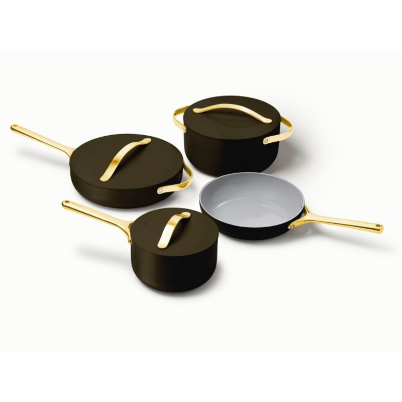 Caraway Non-Toxic and Non-Stick Cookware Set in Black with Gold Handles