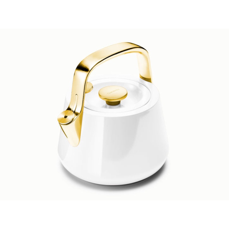 Caraway Whistling Tea Kettle in White with Gold Accents