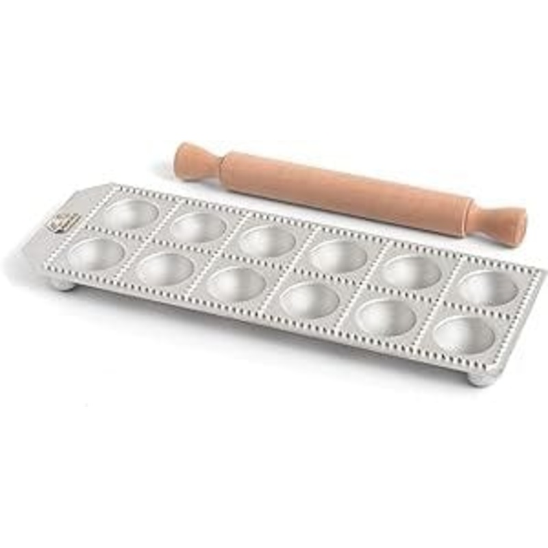 Marcato Ravioli Mold 12 Large Round with Rolling Pin