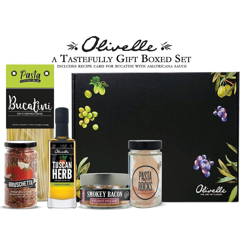 Olivelle Gift Set - Bucatini Pasta, Pasta Rocks, Tuscan Herb Infused Olive Oil, Bruschetta Dried Herb Blend, Smokey Bacon Sea Salt