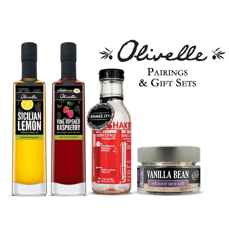 Olivelle Sicilian Lemon Olive Oil, Raspberry Balsamic Vinegar, Vanilla Bean Salt, and Dressing Shaker Bottle