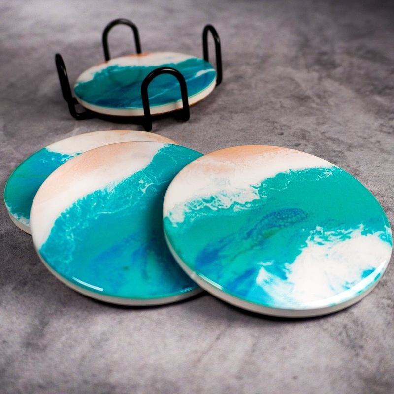 Lynn & Liana Ceramic Resin Coasters - Caribbean Blue - Set of Four
