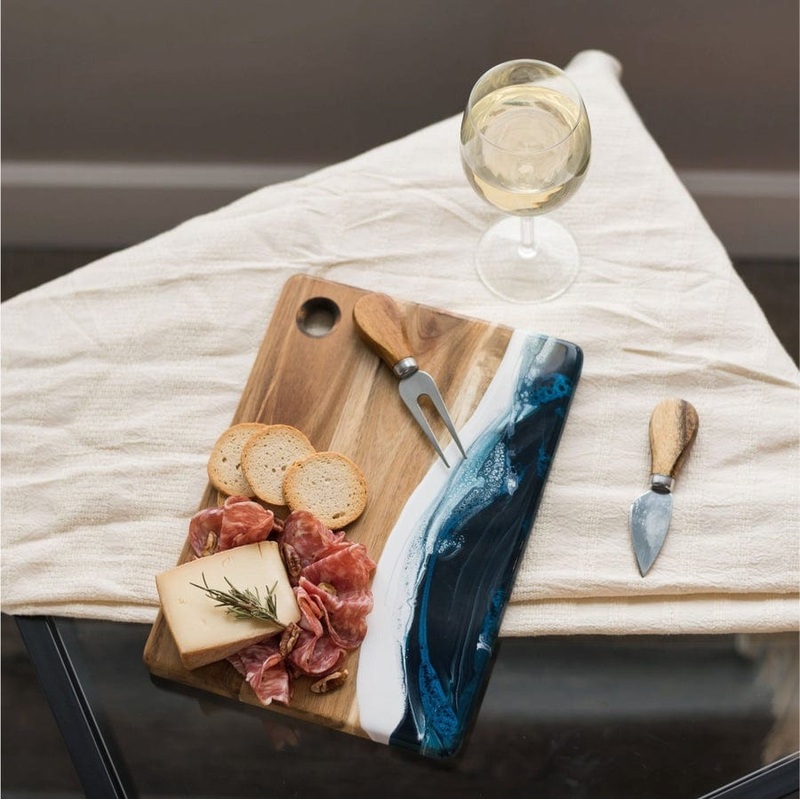 Lynn & Liana Small Acacia Cheese Board - Navy While Metallic - 8" x 11"