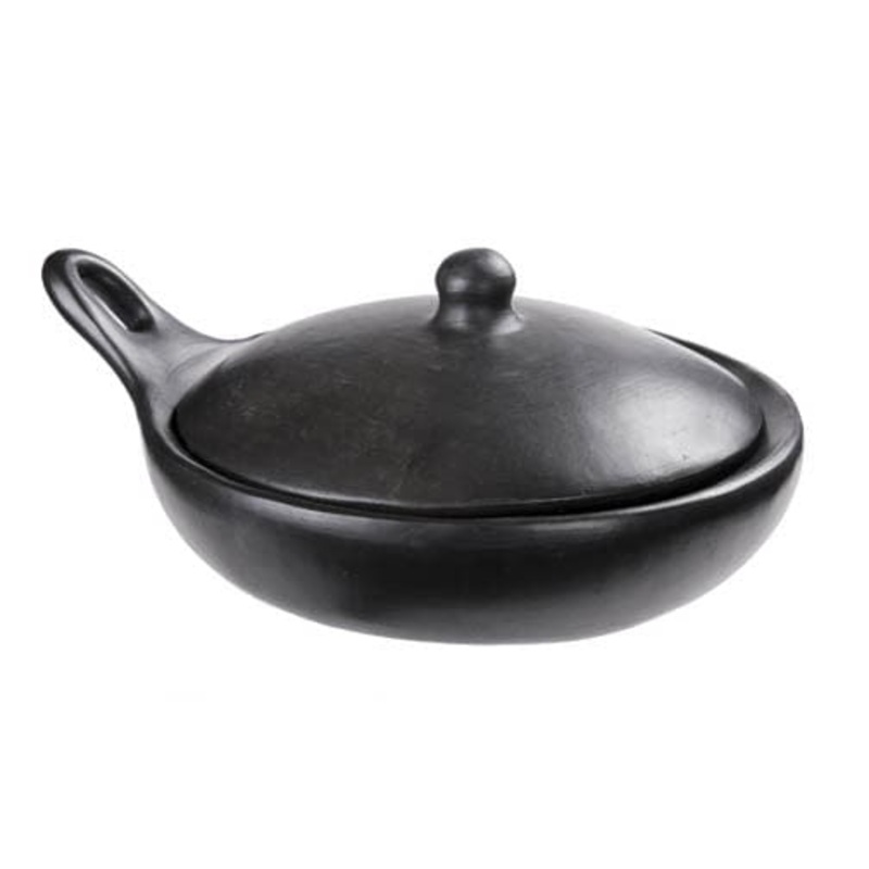 Authentic Chamba Saute Pan - Elegant, All-Natural Black Clay Frying Pan with Handle and Cover - Stovetop & Oven Safe  Handmade in Colombia