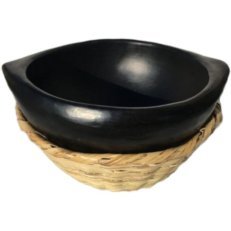 Authentic Chamba Ajiaco Bowl w/ Woven Basket - Traditional, All-Natural Black Clay Dish for Soup, Salad or Serving - Handmade in Colombia