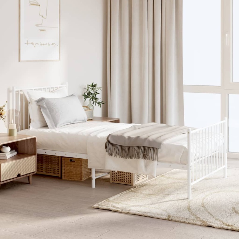 Cadre de lit mtal sans matelas avec pied de lit blanc 90x190cm