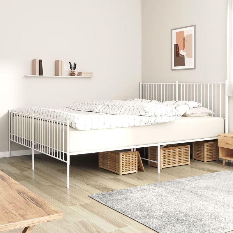 Cadre de lit mtal sans matelas et pied de lit blanc 193x203 cm