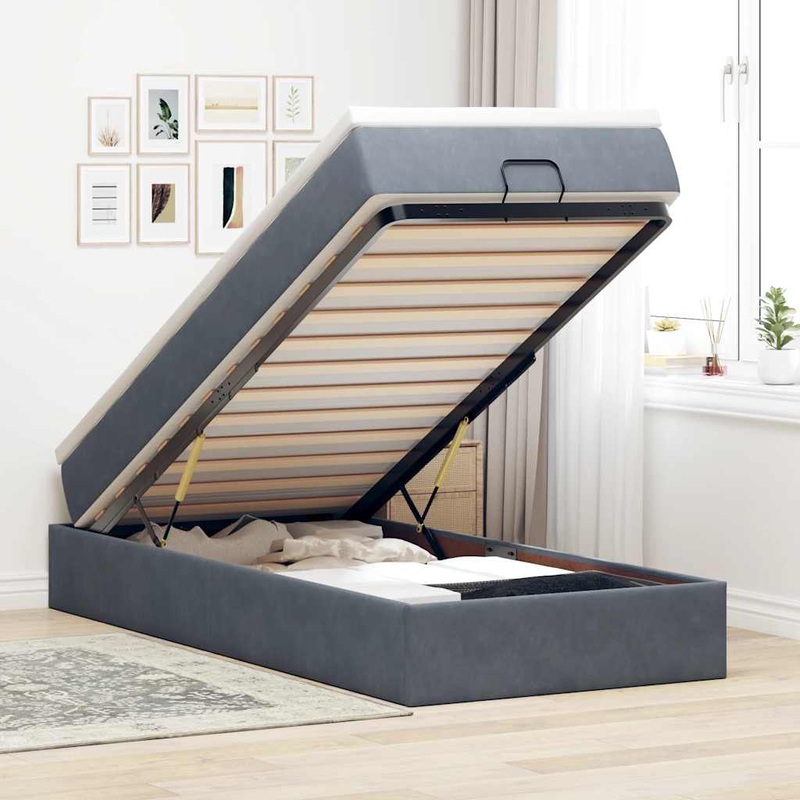 Cadre de lit ottoman avec matelas gris fonc 100x200 cm velours