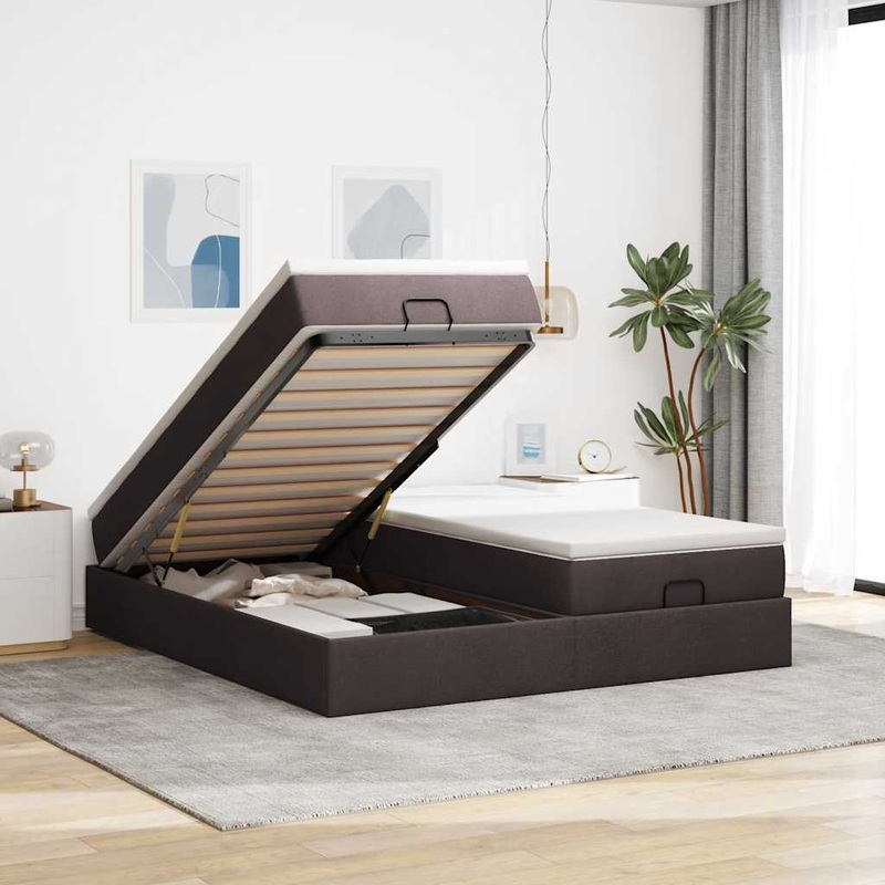 Cadre de lit ottoman avec matelas marron fonc 200x200 cm tissu