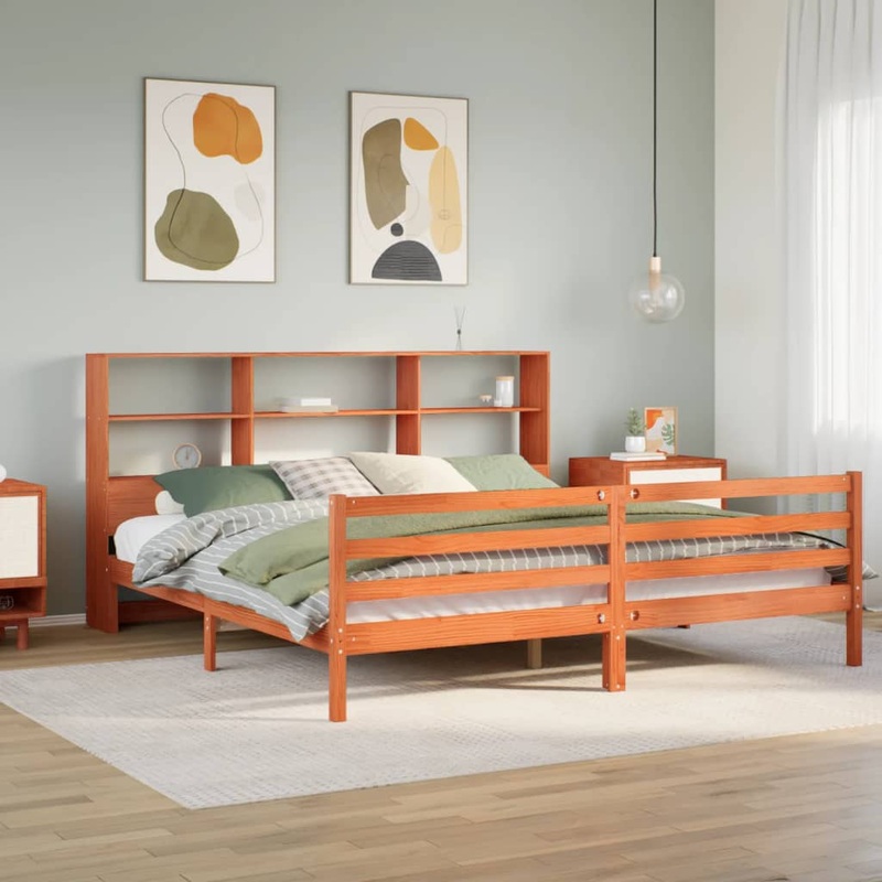 Lit bibliothque sans matelas cire marron 180x200cm bois massif