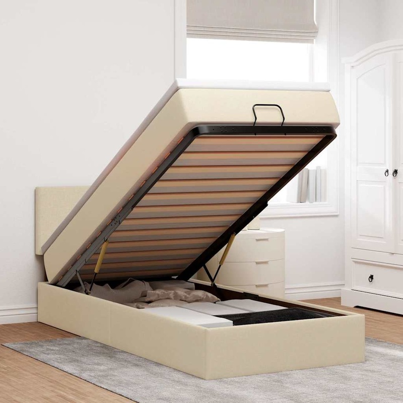 Lit ottoman avec matelas et LED crme 90x200 cm tissu