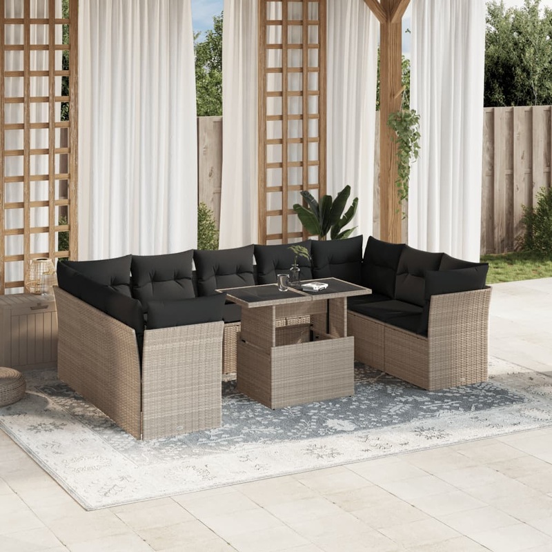 Salon de jardin avec coussins 10 pcs gris clair rsine tresse